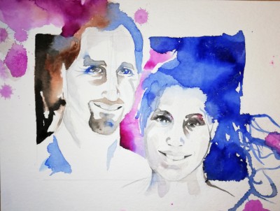 Abstrahiertes Aquarellportrait einer Kleinkindes in kontrastreichen und expressiven Farben